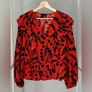 Who What Wear Red and Black Ruffle Blouse